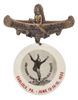 1933 Jim Thorpe Carlisle, Pennsylvania Photo Souvenir Button with Native American-Themed Figural Pinback Bar